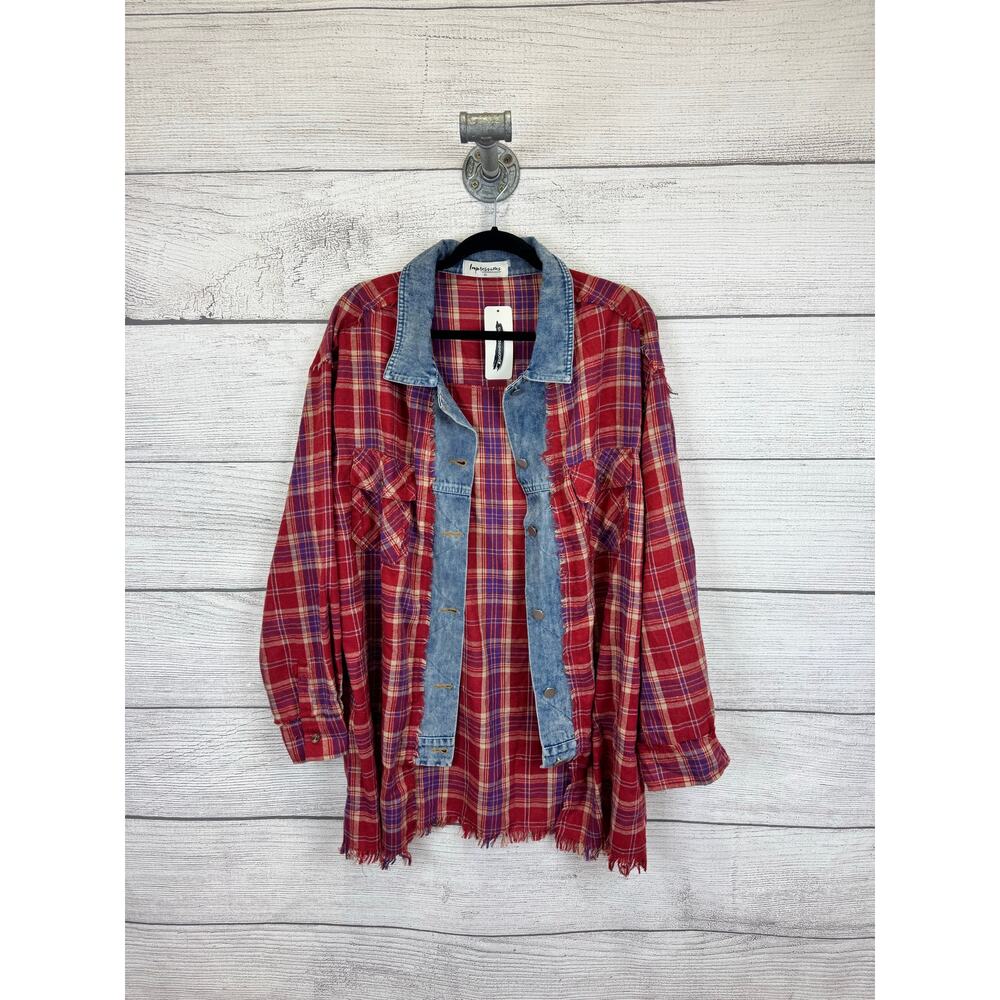 Impressions Women's Red Purple Plaid Denim Trim Flannel Shirt Size XL